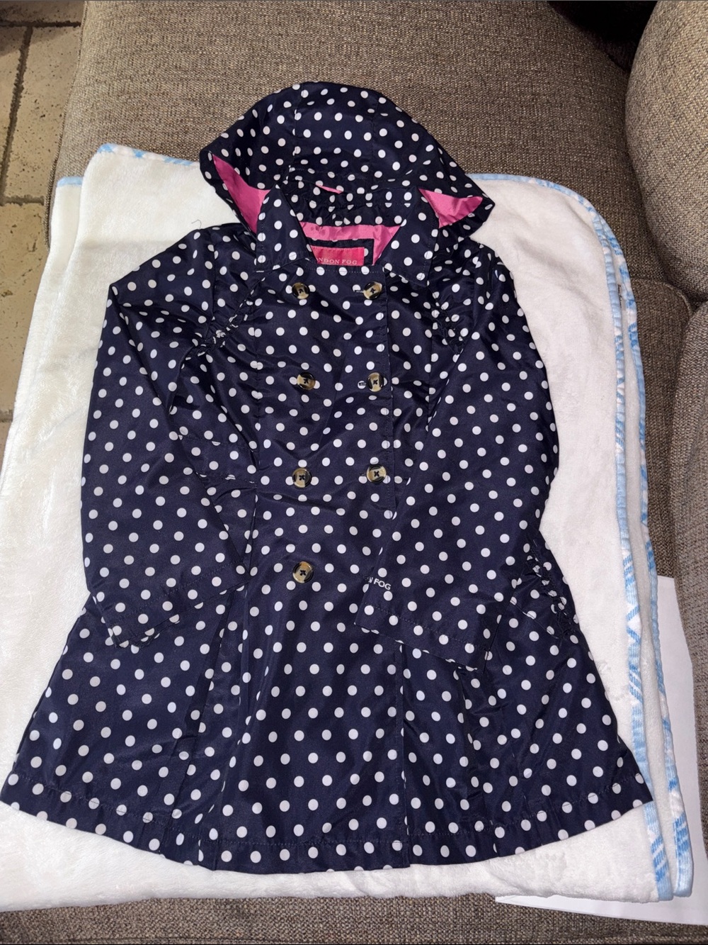 London Fog Girls Navy Polka Dot Hooded Coat